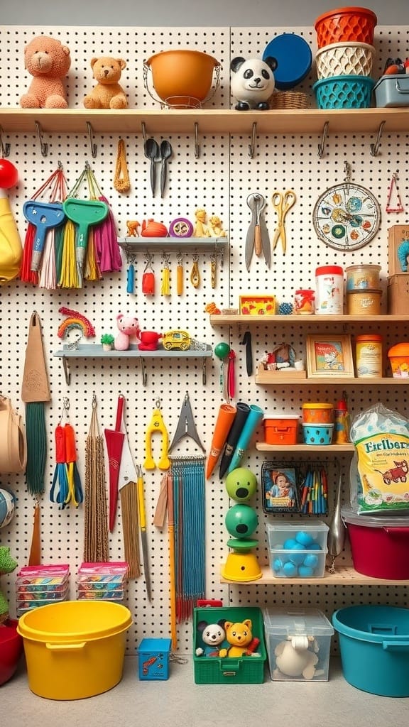 21 Creative Toy Storage Ideas for a Clutter-Free Playroom 17 Colorful pegboard system displaying various toys and storage containers