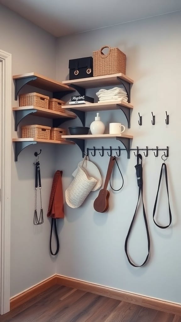 Organized wall with shelves and hooks for storage