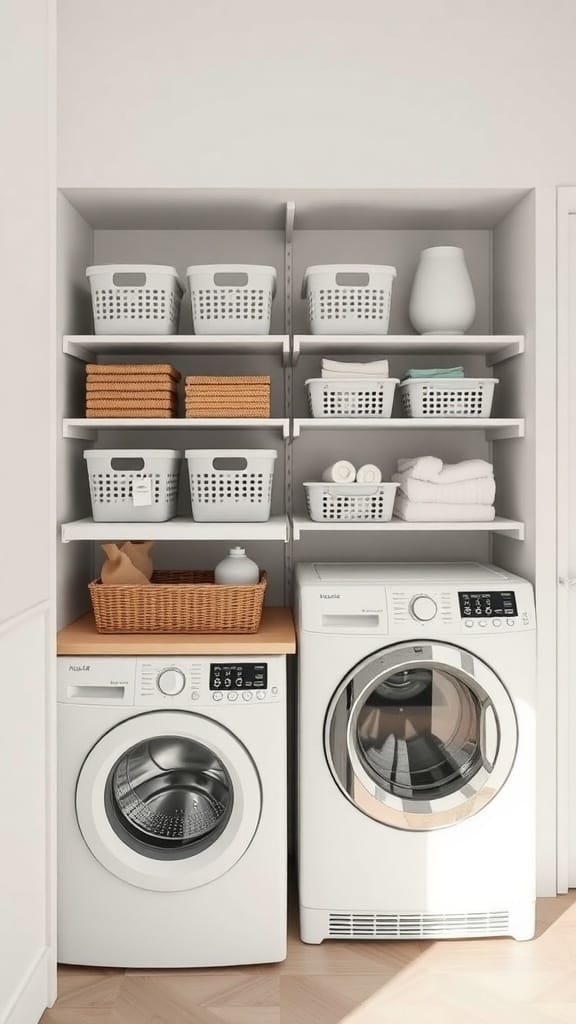 Organized laundry room with IKEA storage solutions, featuring baskets and a countertop.