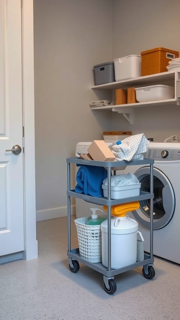 A gray rolling cart filled with laundry supplies in a clean laundry room