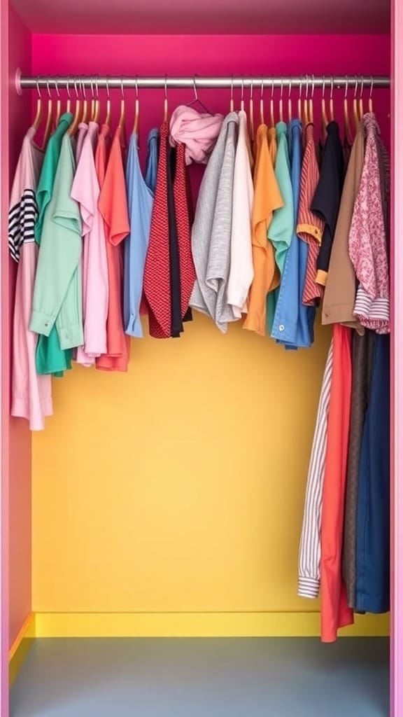 22 Genius Closet Organization Hacks You Need to Try 4 A colorful closet with clothes organized by color, featuring a pink background and yellow bottom.