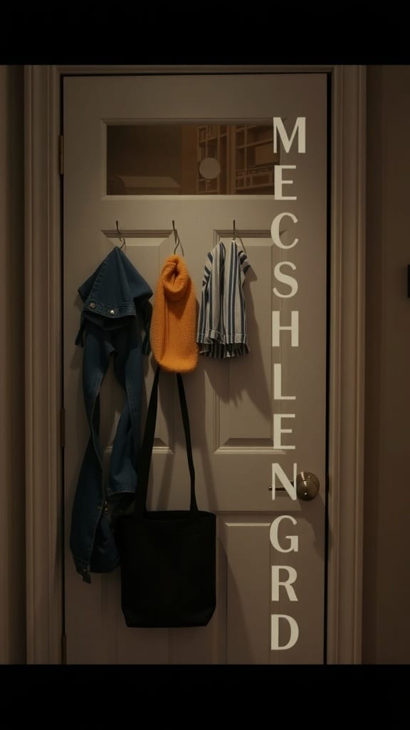 A door with various items hanging on it, including a blue jacket, an orange beanie, a striped shirt, and a black tote bag.