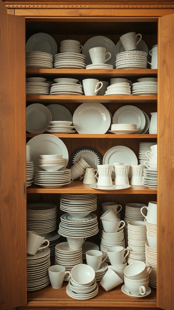 22 Things to Get Rid of for a Clutter-Free Home 14 A cluttered cabinet filled with mismatched dishware including plates, cups, and bowls.