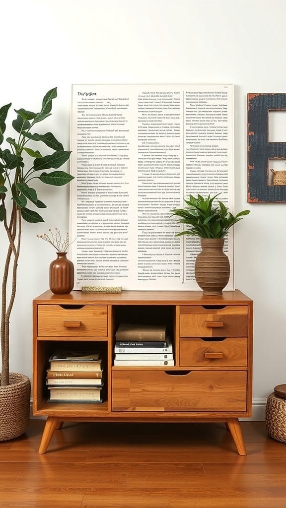 23 Clever and Affordable Organizing on a Budget Tips for a Tidy Home 20 A wooden cabinet with drawers and open shelves, decorated with plants and books.