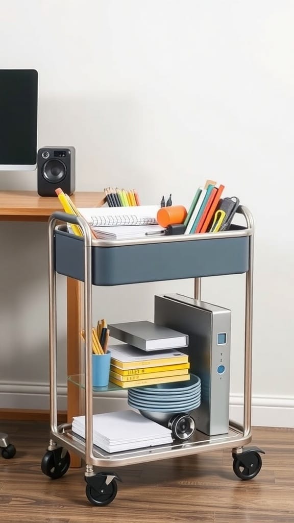 A modern rolling cart filled with office supplies, including notebooks, pens, and a speaker, positioned next to a desk.