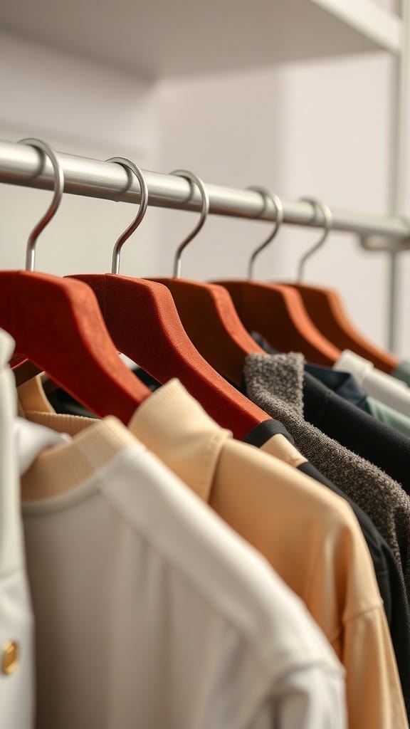 A close-up view of velvet hangers holding various garments in a closet.