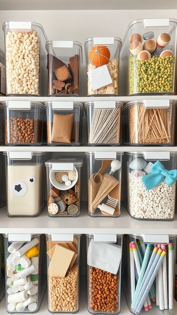 23 Clever and Affordable Organizing on a Budget Tips for a Tidy Home 14 A shelf filled with clear containers holding various items, showcasing organized storage.