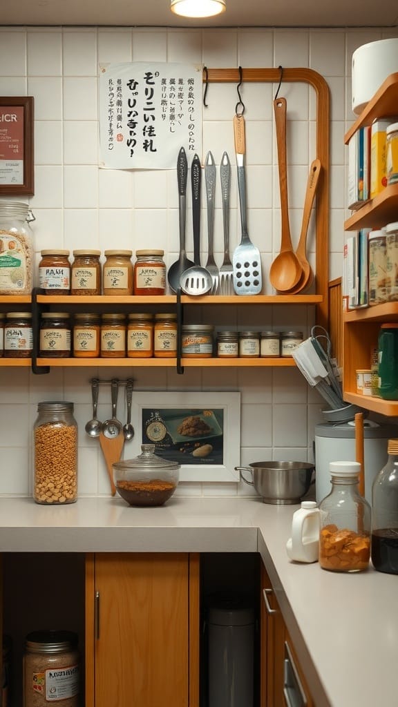 22 Creative Japanese Home Organization Ideas for a Clutter-Free Space 10 A well-organized Japanese kitchen with jars, utensils, and a clean counter.