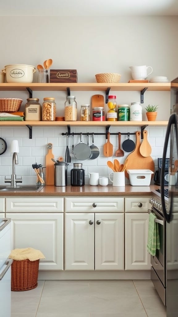 23 Clever and Affordable Organizing on a Budget Tips for a Tidy Home 17 A neatly organized kitchen with shelves displaying jars, utensils, and decorative items.