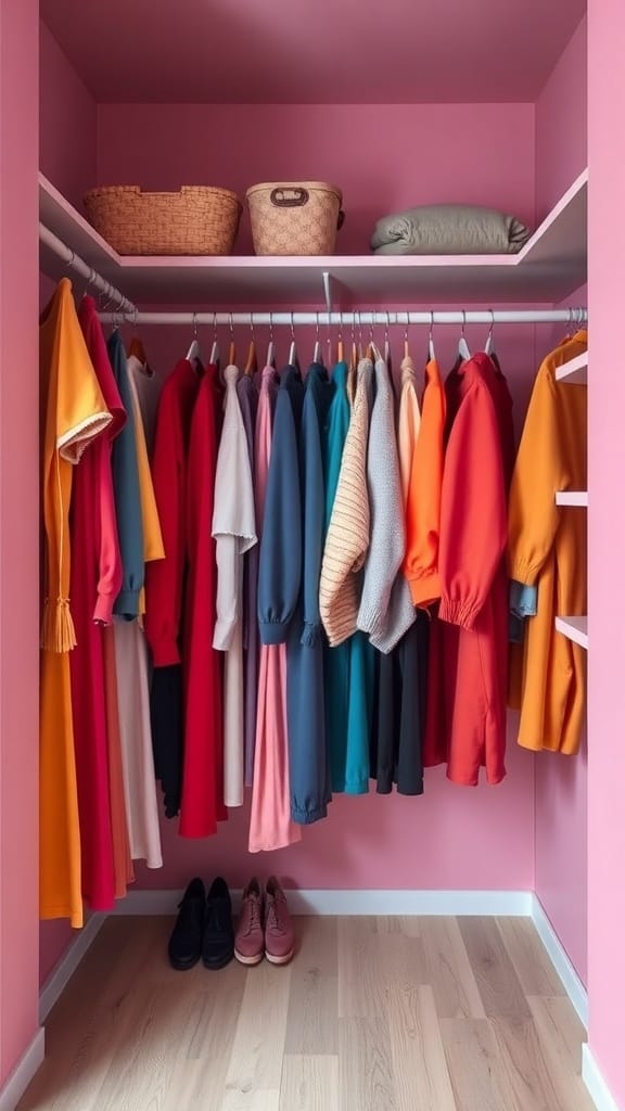 A neatly organized closet with clothes hanging in various colors against pink walls.