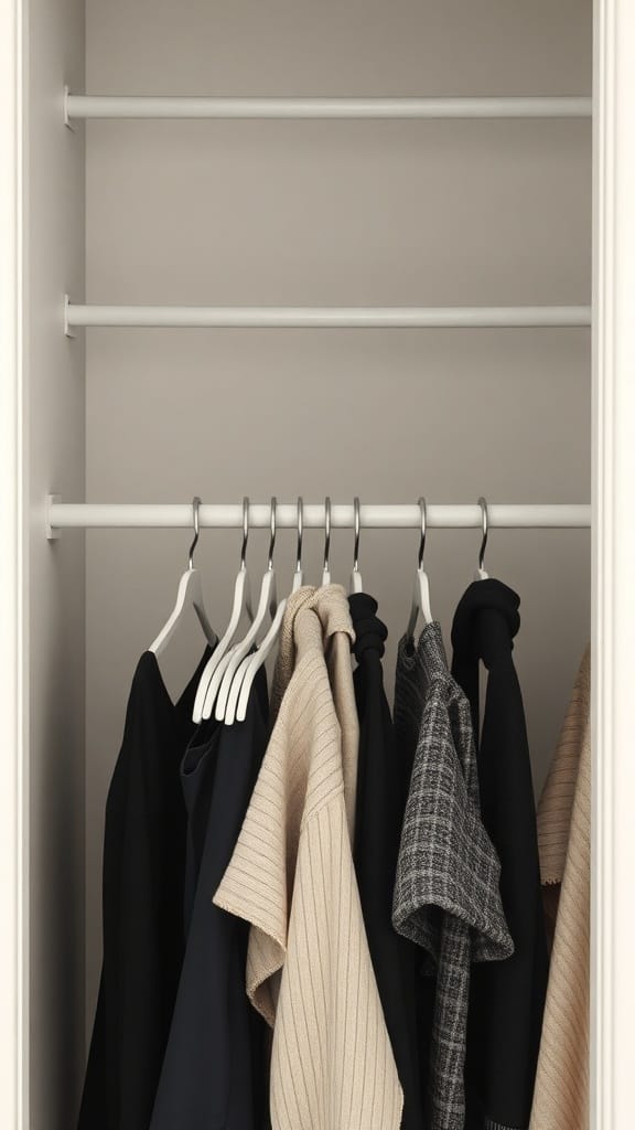22 Genius Closet Organization Hacks You Need to Try 15 A closet with multi-tiered hangers displaying neatly arranged clothes.