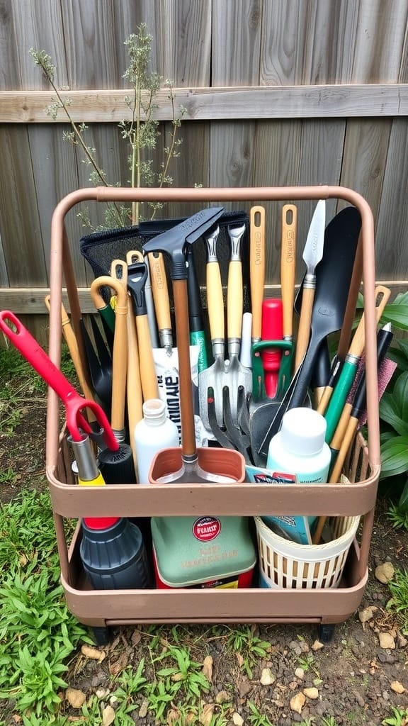 A caddy filled with various gardening tools, including trowels, pruners, and watering cans, organized for easy access.