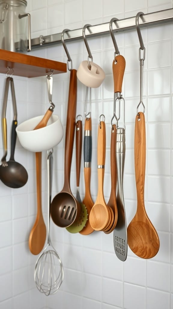 A variety of kitchen utensils hanging on a metal rod for organization.