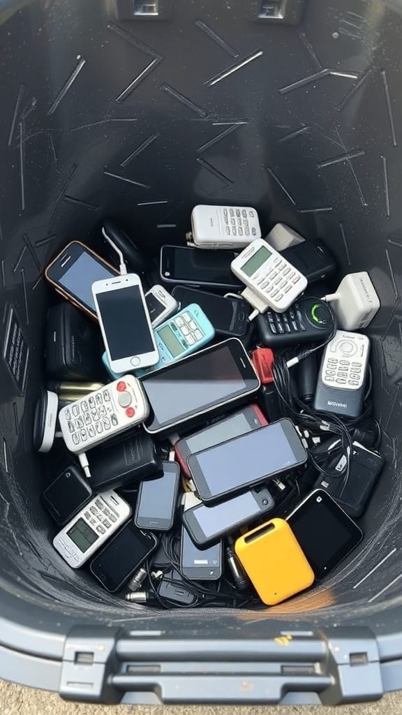 22 Things to Get Rid of for a Clutter-Free Home 6 A bin filled with various broken electronics, including old phones and chargers.