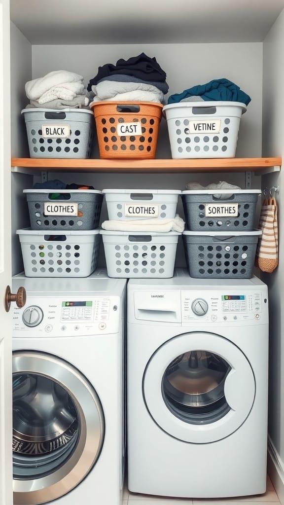 Organized small laundry room with labeled baskets on shelves and washing machines