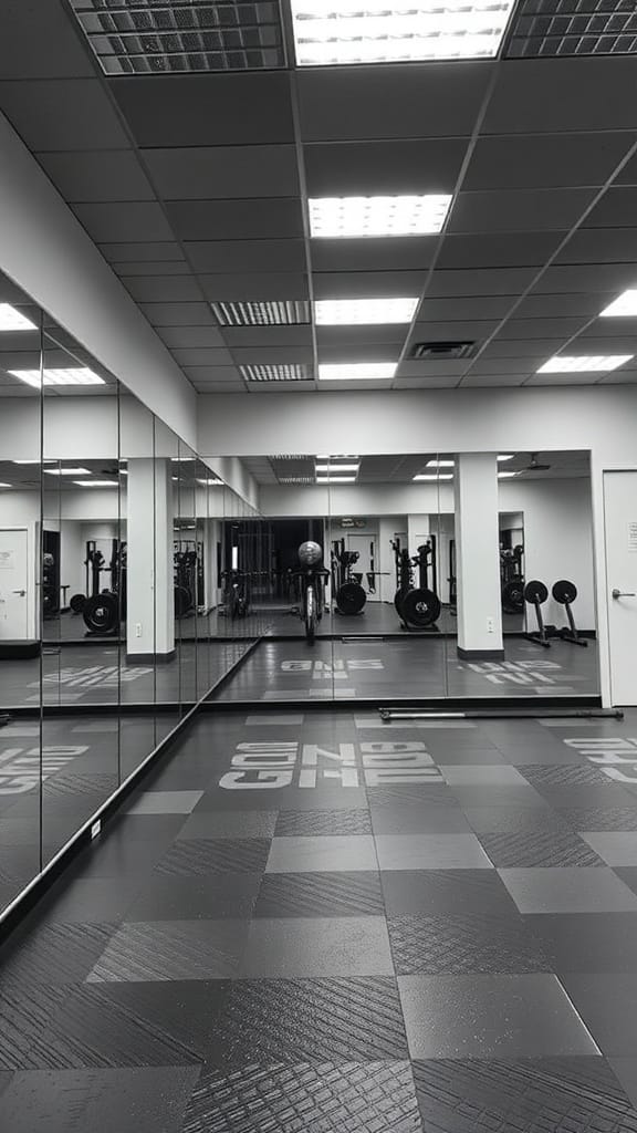 A gym room with mirrors on the wall, showcasing workout equipment and a spacious layout.
