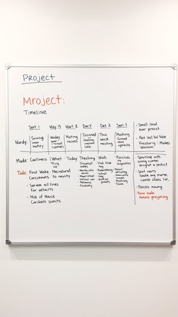 A whiteboard displaying a project timeline with tasks and dates organized clearly.