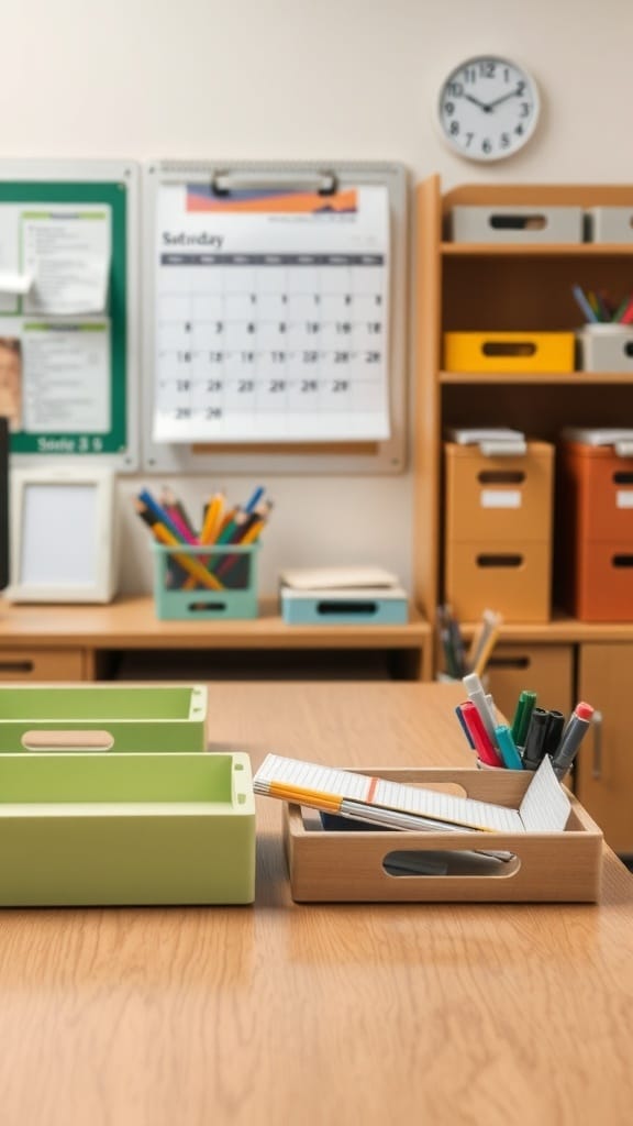 21 Creative Organization Ideas for Your School Office 7 Organized desk with trays for supplies, a calendar, and a clock.