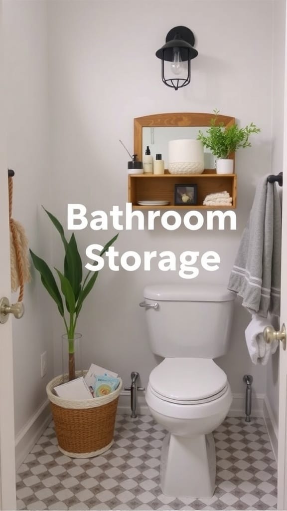 A bathroom with a wooden shelf above the toilet holding toiletries and a plant, with a woven basket on the floor.