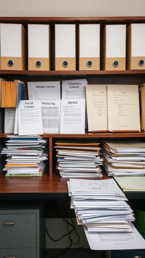 A cluttered desk with stacks of papers and organized binders on a shelf.