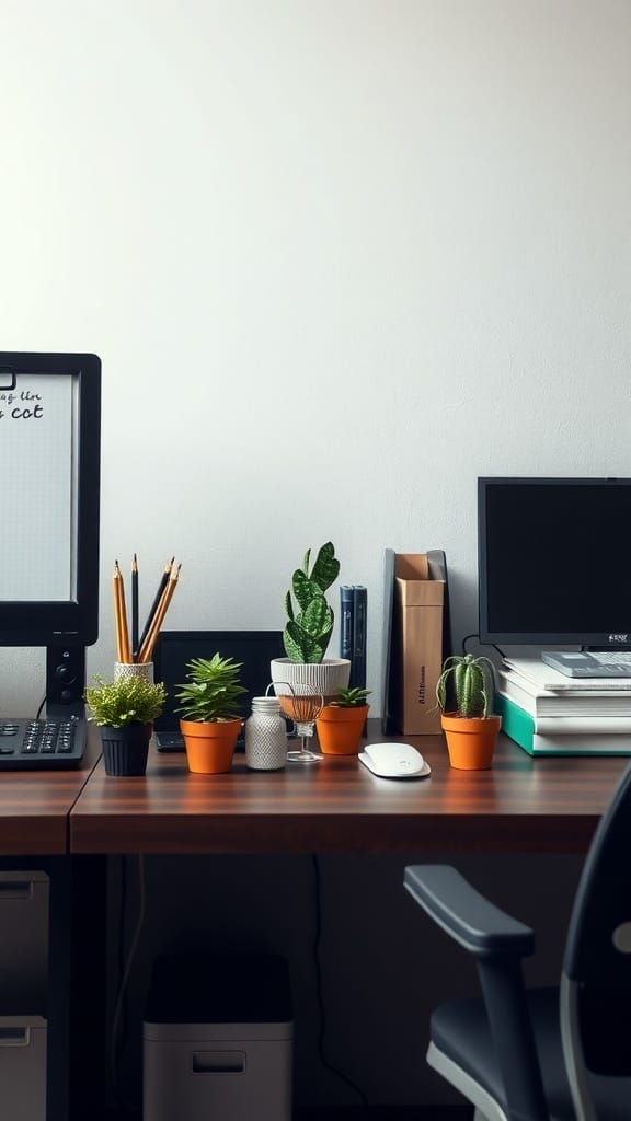 A neat office desk with various small plants in colorful pots, a computer, and office supplies.