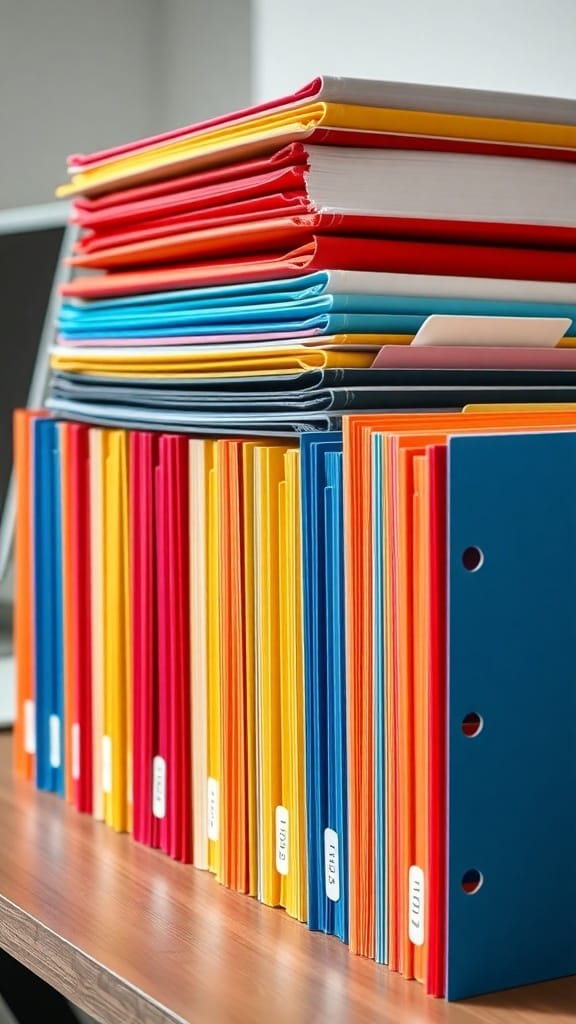 A stack of color-coded file folders in various colors, organized neatly on a desk.