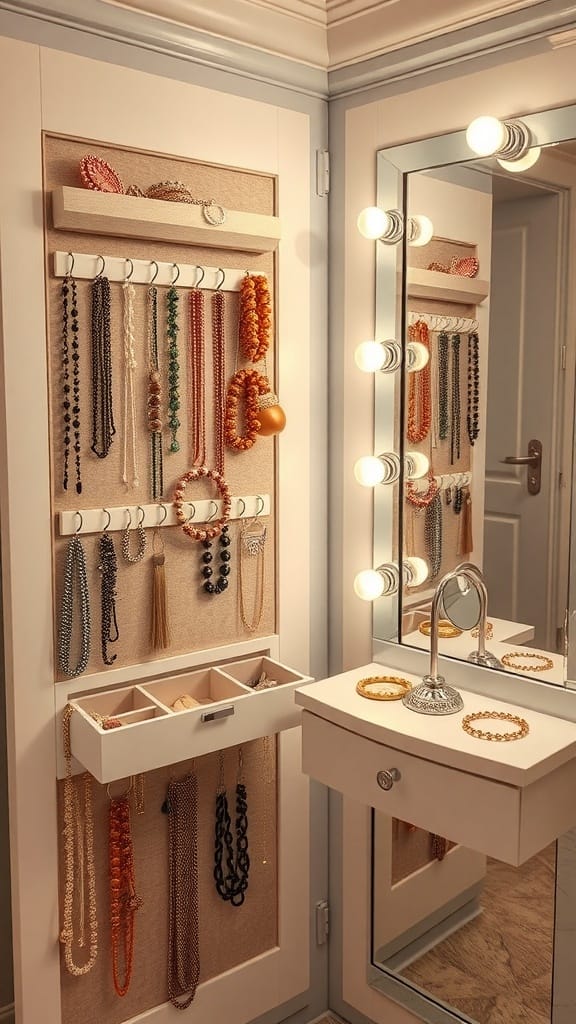 A stylish jewelry organizer with mirrors, featuring necklaces hanging on hooks and a drawer for smaller items.