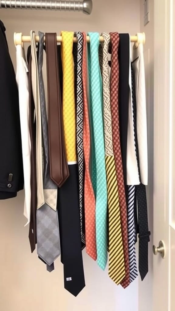22 Genius Closet Organization Hacks You Need to Try 12 A pull-out rack displaying various colorful ties in a closet.