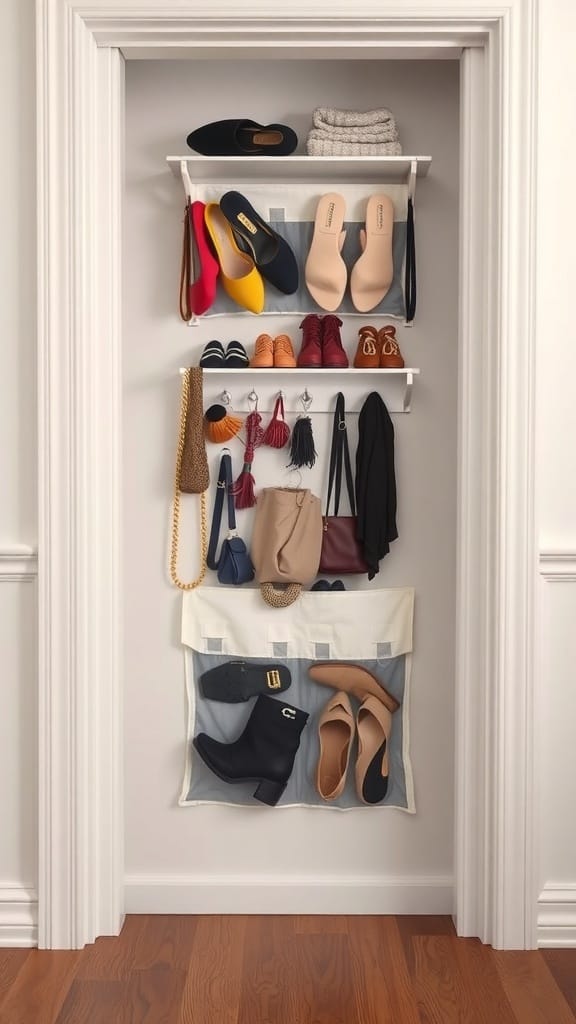 22 Genius Closet Organization Hacks You Need to Try 17 A closet door with organized shelves and hanging storage for shoes and accessories.