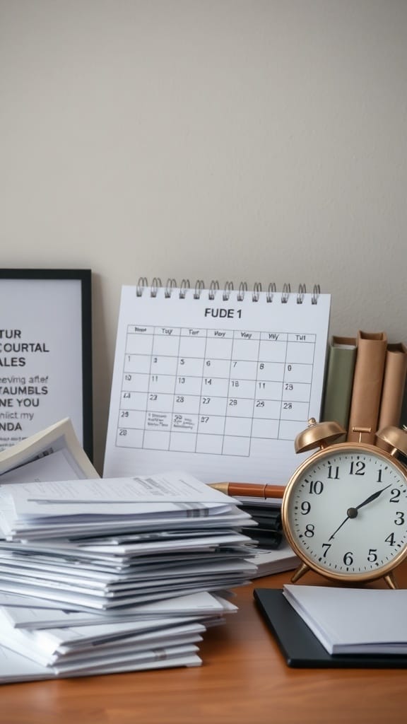 A workspace with a calendar, clock, and stacks of papers, illustrating the concept of daily sorting routine.