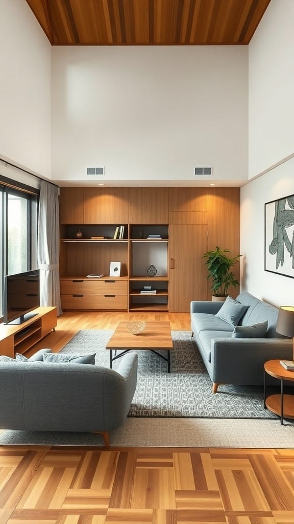 22 Creative Japanese Home Organization Ideas for a Clutter-Free Space 4 A modern Japanese living room with multi-functional furniture, including a cozy sofa, a coffee table, and a wooden shelving unit.