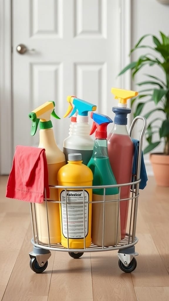A mobile caddy filled with colorful cleaning supplies, including sprays and bottles, on wheels for easy transport.