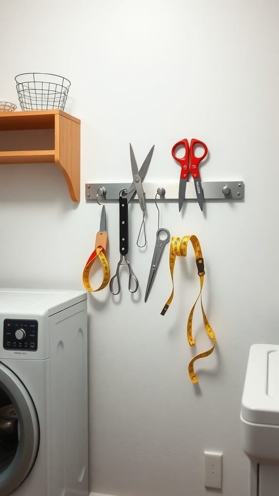 Magnetic strips holding scissors, measuring tape, and other small tools in a laundry room.