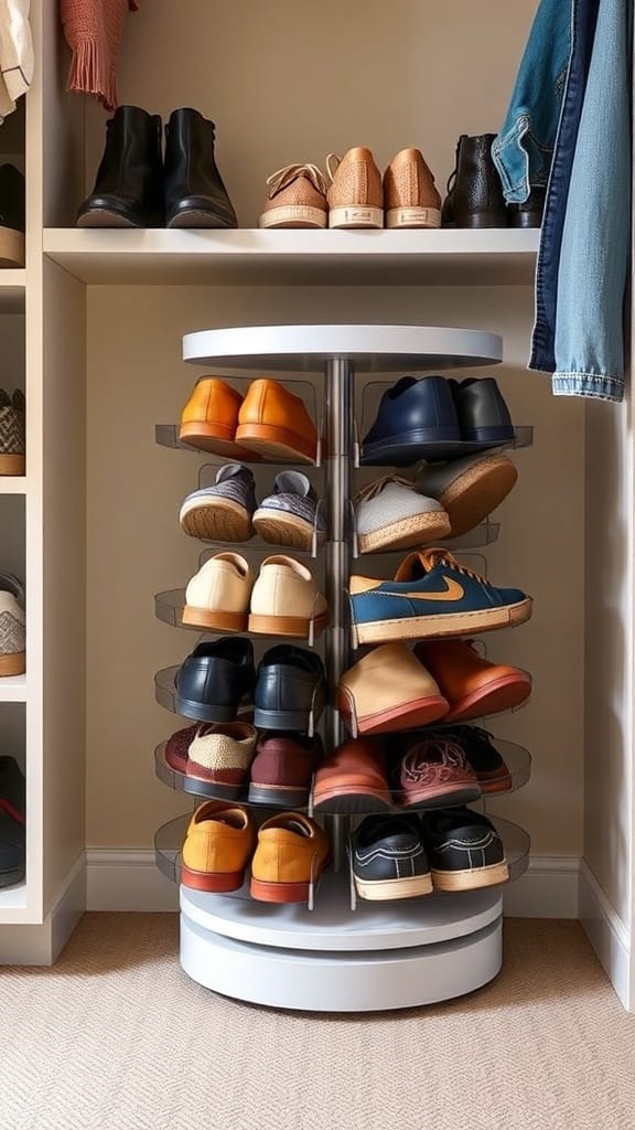 22 Genius Closet Organization Hacks You Need to Try 20 A rotating shoe organizer displaying various pairs of shoes in a closet.