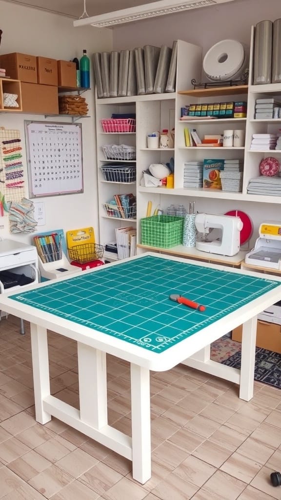A sewing room with a dedicated cutting station featuring a green cutting mat, rotary cutter, and organized shelves.