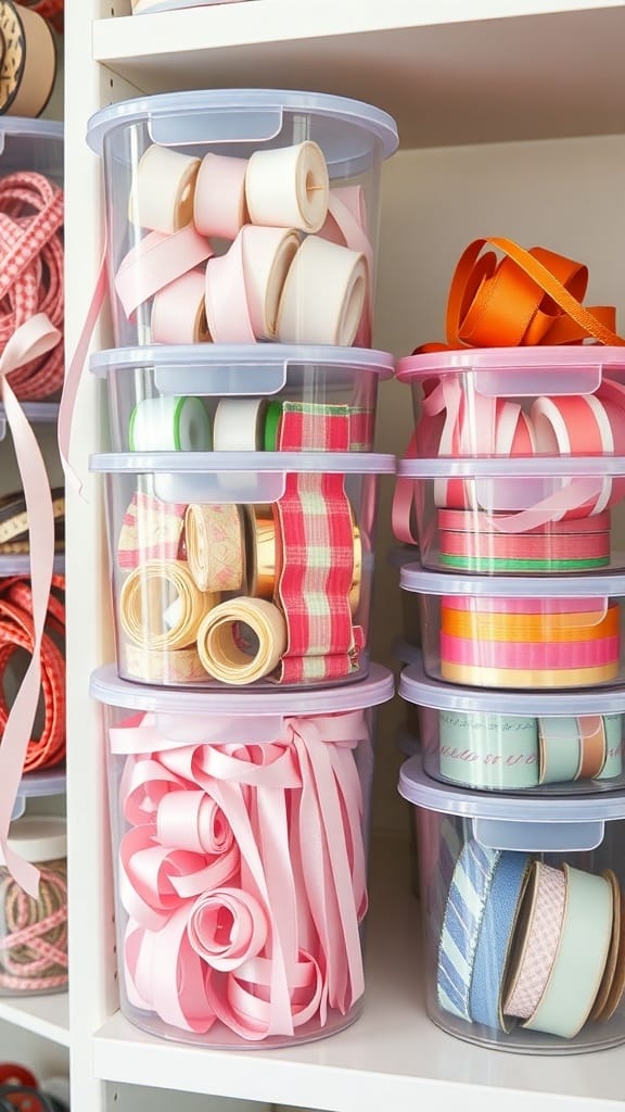 Practical Ribbon Organizing Ideas for a More Organized Craft Space (21 Tips) 14 Organized ribbons in clear containers on a shelf