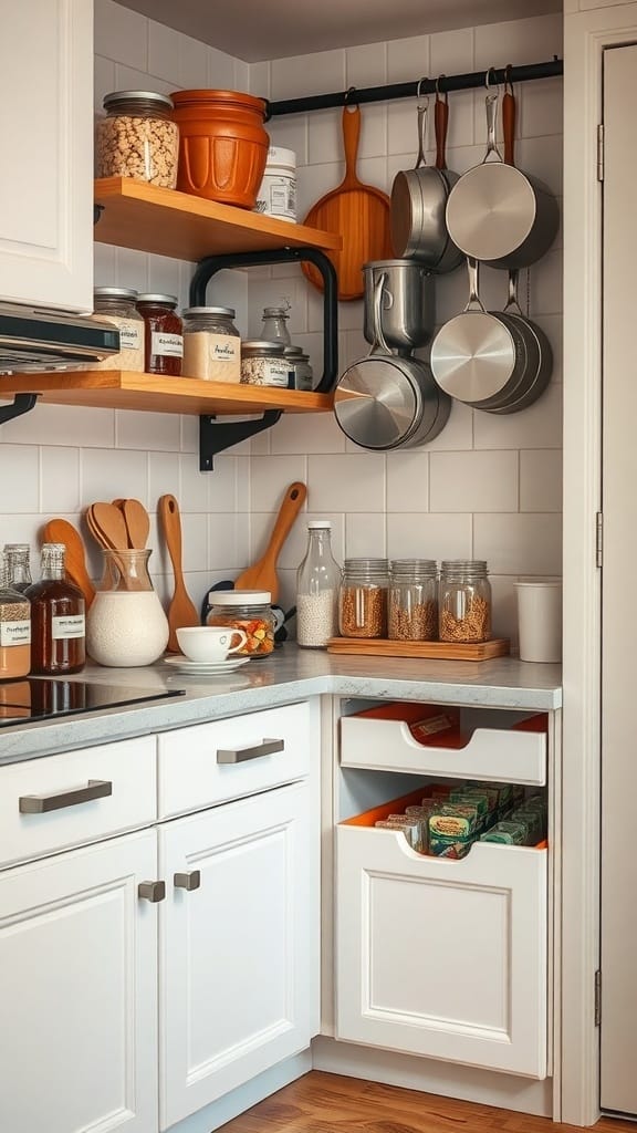 A well-organized kitchen corner with shelves, hanging pots, and tidy drawers.