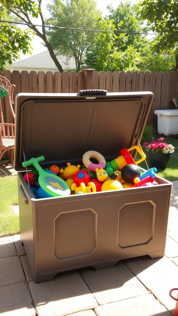 21 Creative Toy Storage Ideas for a Clutter-Free Playroom 20 A brown outdoor storage box filled with colorful children's toys on a patio.