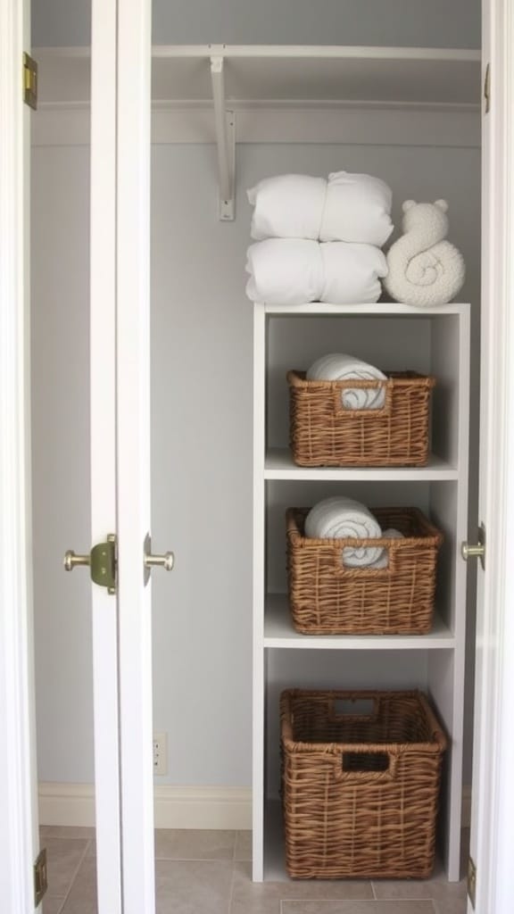 21 Brilliant Linen Closet Organizing Ideas for a Clutter-Free Home 3 A linen closet with neatly stacked towels and woven baskets for organization.