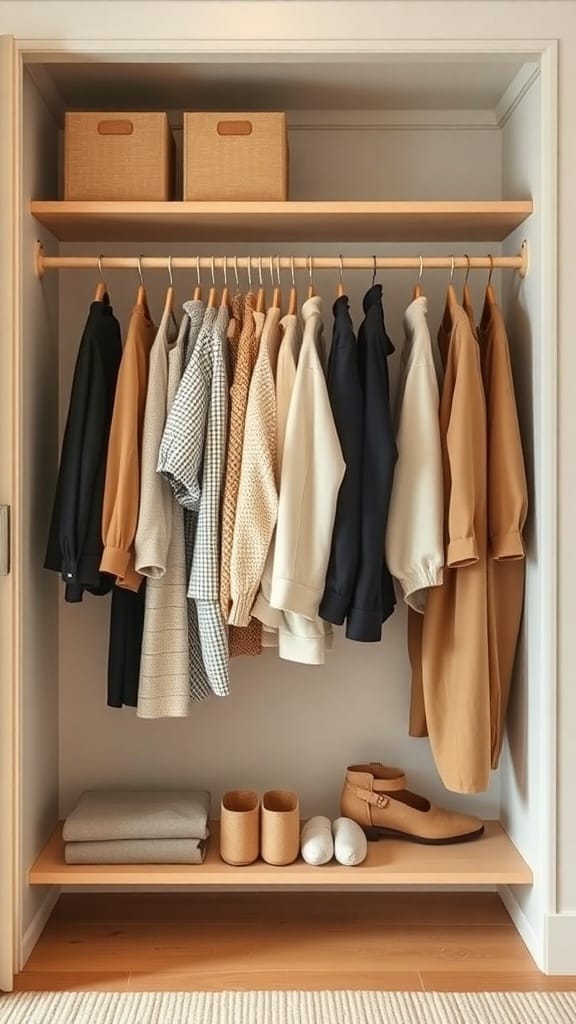 22 Creative Japanese Home Organization Ideas for a Clutter-Free Space 17 A neatly organized closet with various clothing items, storage boxes, and shoes.