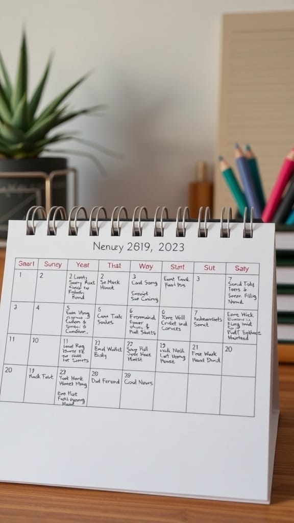 A calendar on a desk with a plant and colored pencils in the background.