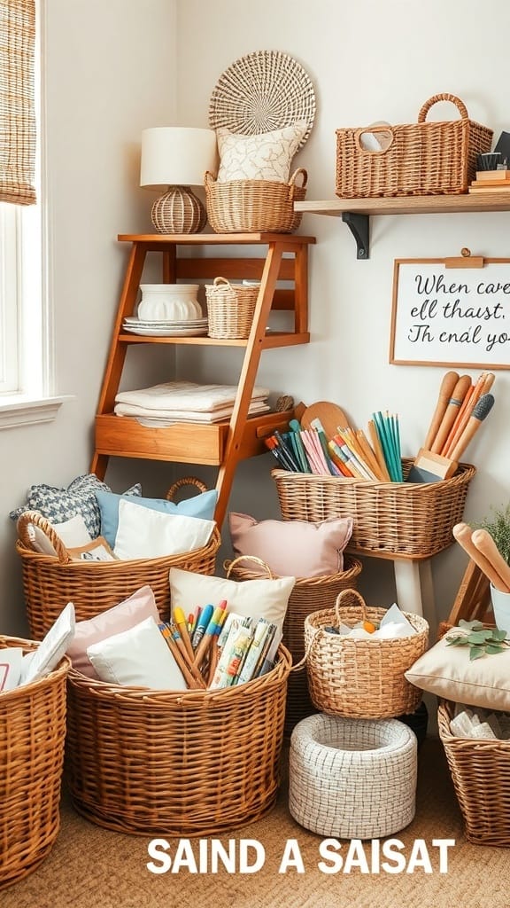 A cozy craft storage area featuring various woven baskets filled with supplies.