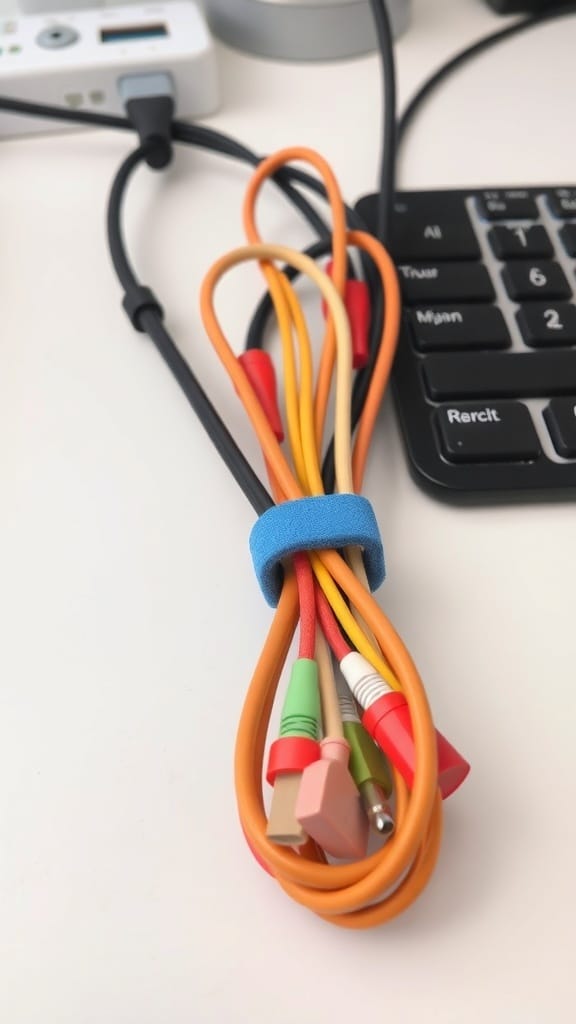 19 Genius Cord and Cable Organization Hacks for a Clutter-Free Space 12 A bundle of colorful cables secured with a blue Velcro strap on a desk.