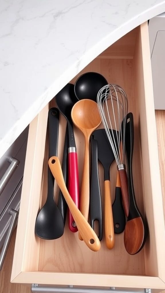 23 Brilliant Kitchen Drawer Organizing Ideas You Need to Try 8 A neatly organized kitchen drawer with various cooking utensils including wooden spoons, spatulas, and a whisk.