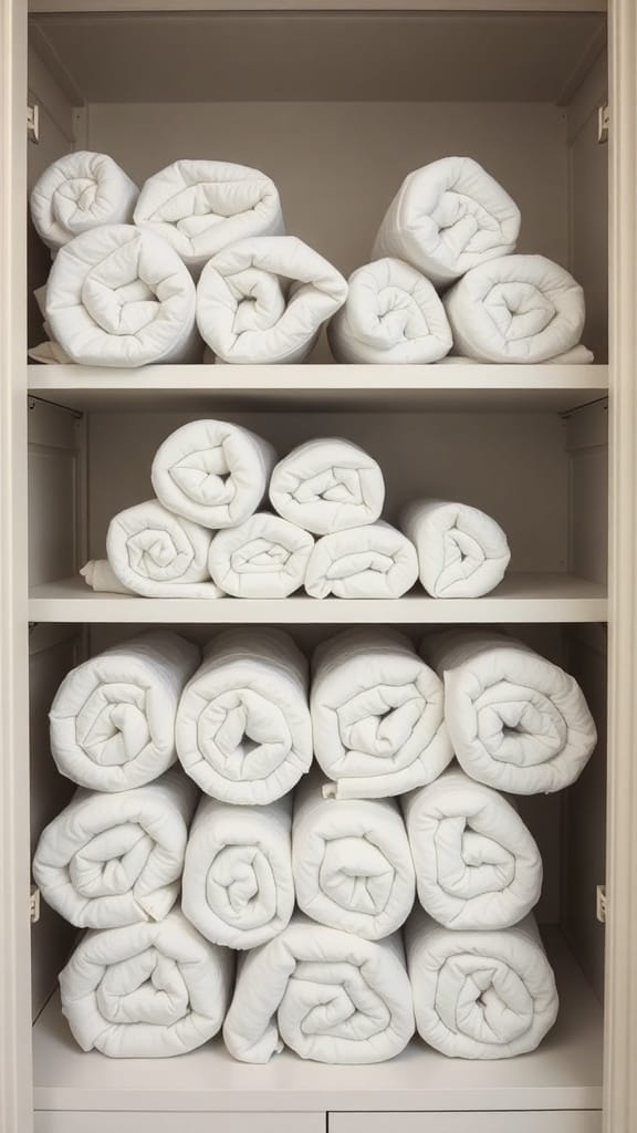 21 Brilliant Linen Closet Organizing Ideas for a Clutter-Free Home 8 Neatly rolled white towels in a linen closet