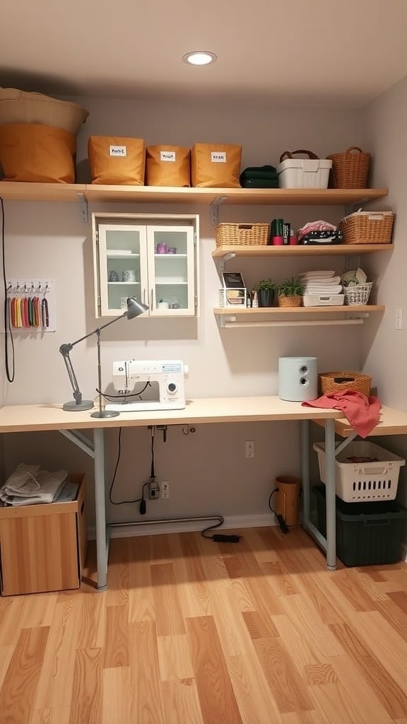 A well-organized sewing room with a spacious work table, labeled storage bins, and good lighting.