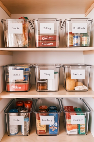 22 Dollar Store Pantry Organizing Ideas That Reduce Daily Clutter 2 Clear Plastic Bins for Category Grouping