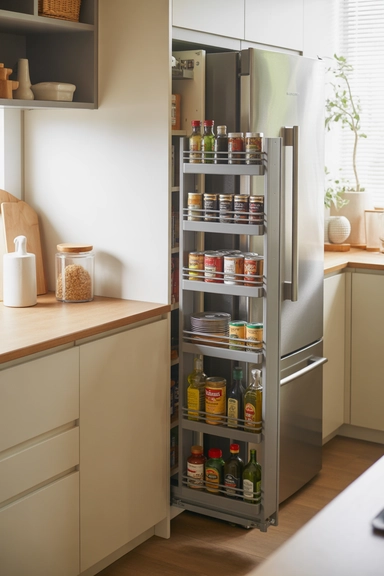 21 Smart Space Saving Kitchen Hacks That Reduce Daily Clutter 2 Slim Pull-Out Pantry Strips for Narrow Gaps