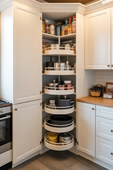21 Smart Space Saving Kitchen Hacks That Reduce Daily Clutter 4 Corner Carousel Shelves That Stop Wasted Depth