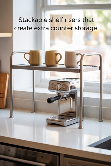 21 Smart Kitchen Counter Organization Ideas for Clear Surfaces 7 Stackable Shelf Risers That Create Extra Counter Storage